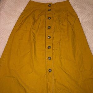 Madewell Mustard Yellow Patio Button-Front Midi A-line Skirt w/pockets Sz 0